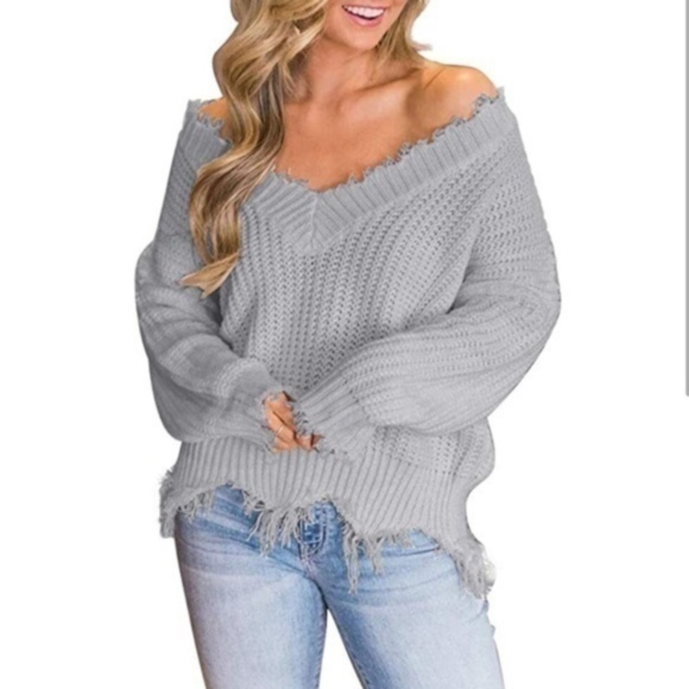 NEW (XL) On/Off-the-Shoulder Destroyed Hem Sweater